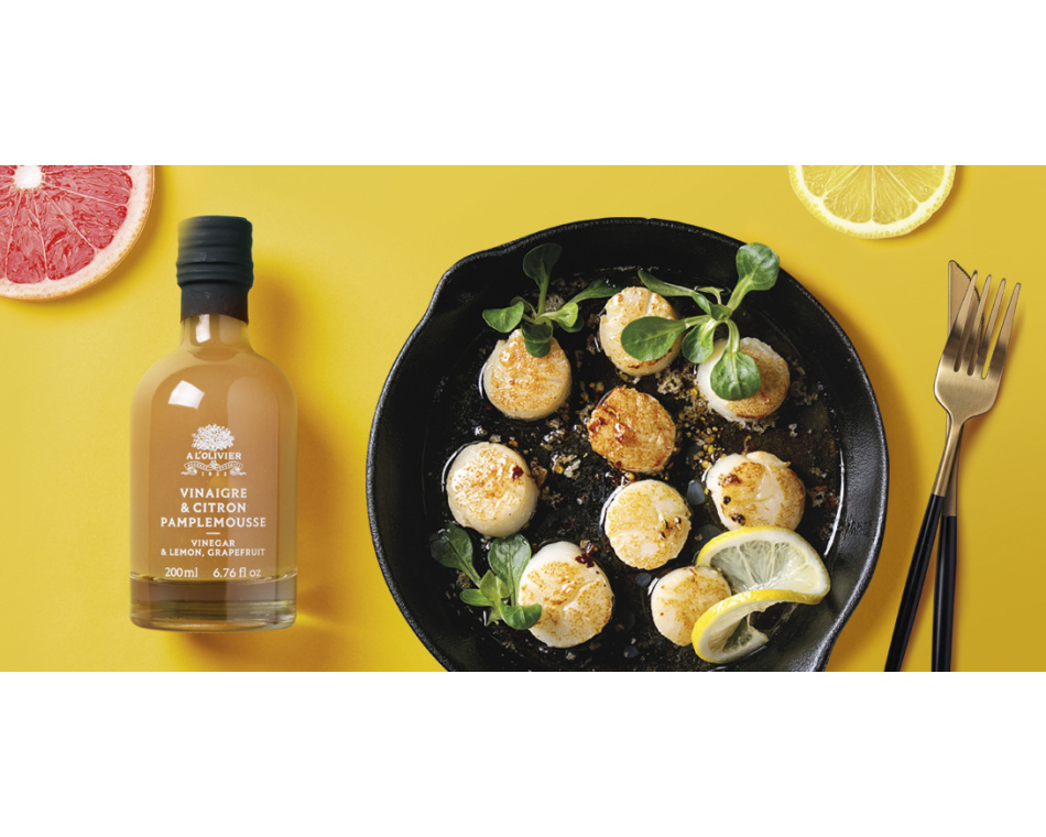 Noix de Saint-Jacques rôties Au vinaigre citron & pamplemousse A l’Olivier